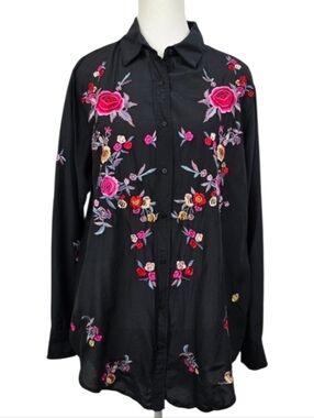 Floral Embroidered Black Button-Up Long Sleeve Blouse Women’s Elegant Top